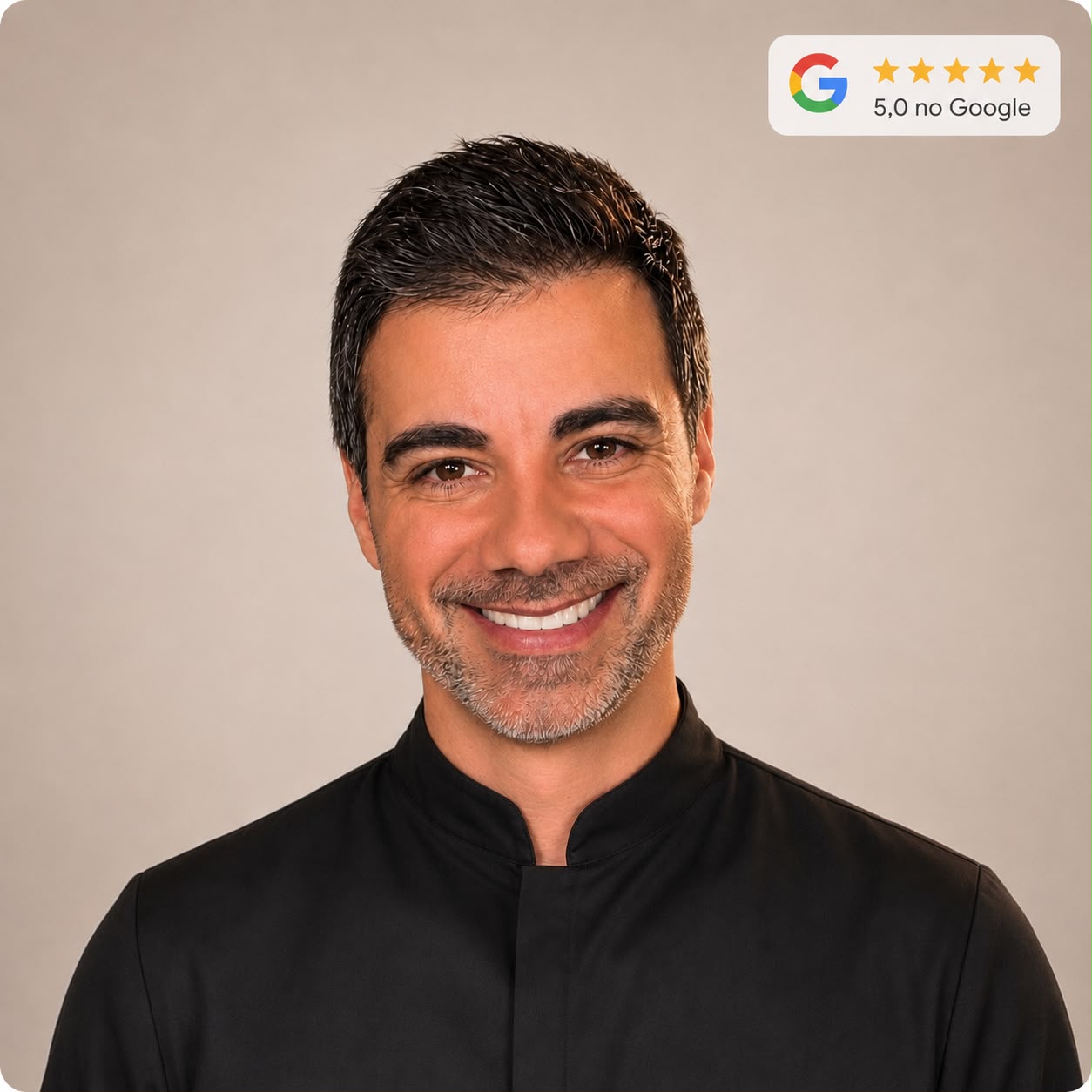 Dr. Ciro Capitani, dentista em Santos, sorrindo de camisa preta em consultório moderno de fundo branco, com selo de avaliação 5 estrelas no Google